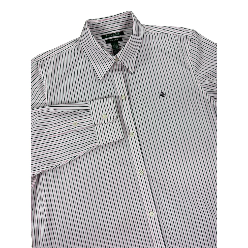 Lauren Ralph Lauren Shirt Women's L Black Pink Striped Button Up Top Non Iron